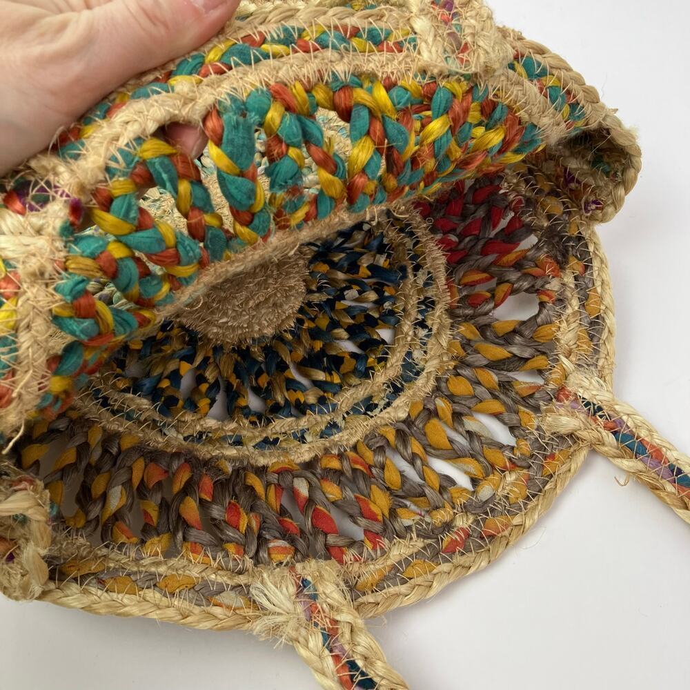 Boho Colorful Recycled Woven Jute Bag Circle Shaped Shoulder Tote Beach Bag - Picture 12 of 16